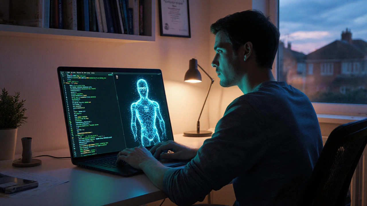 AI Prompt Engineer at home desk with laptop showing prompts and an AI avatar.