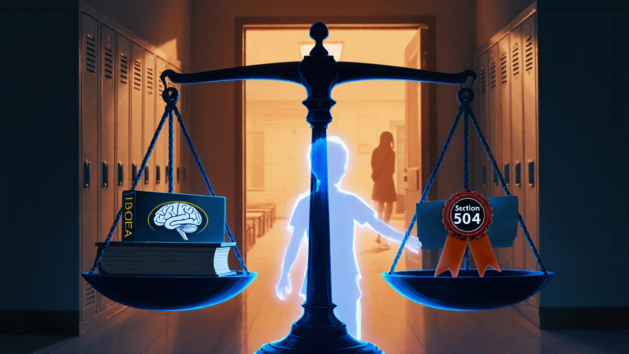 Balanced scales holding IDEA book and Section 504 ribbon with a student silhouette between them.