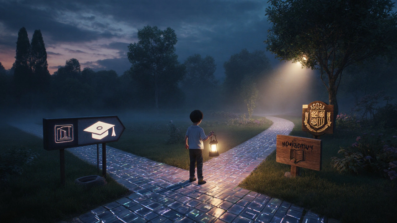 Child at dusk crossroads choosing between digital campus path and garden path.