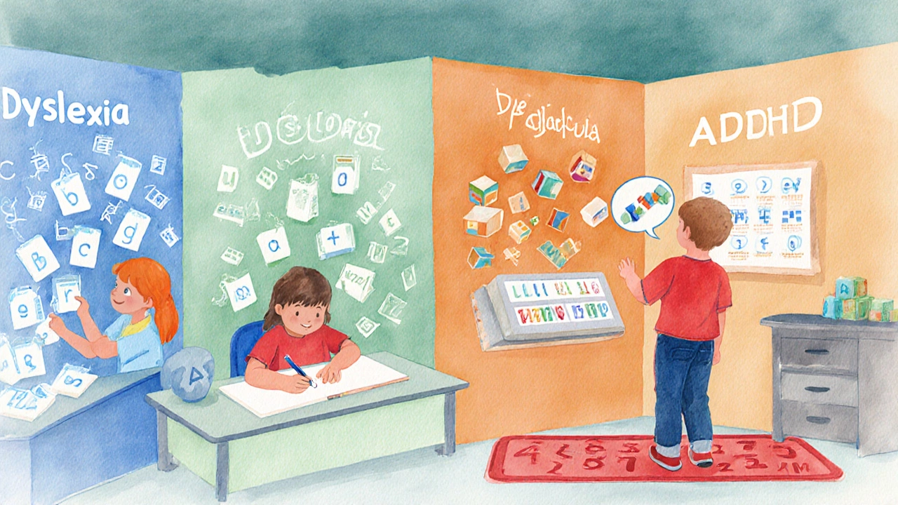 Classroom scene with four stations: dyslexia phonics cards, dysgraphia handwriting, dyscalculia manipulatives, ADHD movement area.