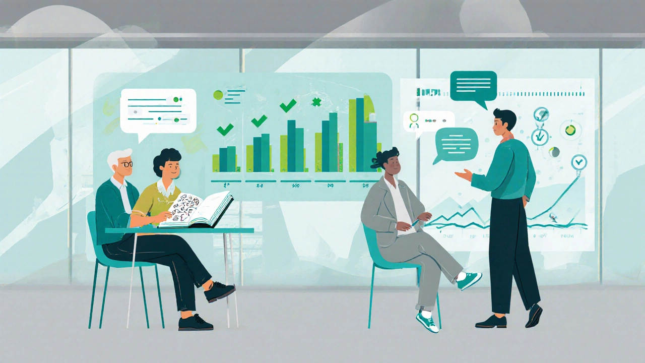 Co‑working space with digital performance dashboard and adults reviewing a reflective journal together.
