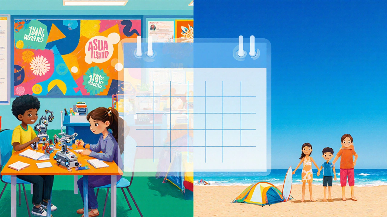 Collage of summer school classroom and family beach vacation with a faint calendar overlay.