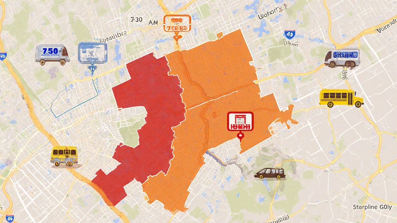 Color-coded map showing three elementary school start time zones in Chesapeake with bus routes.