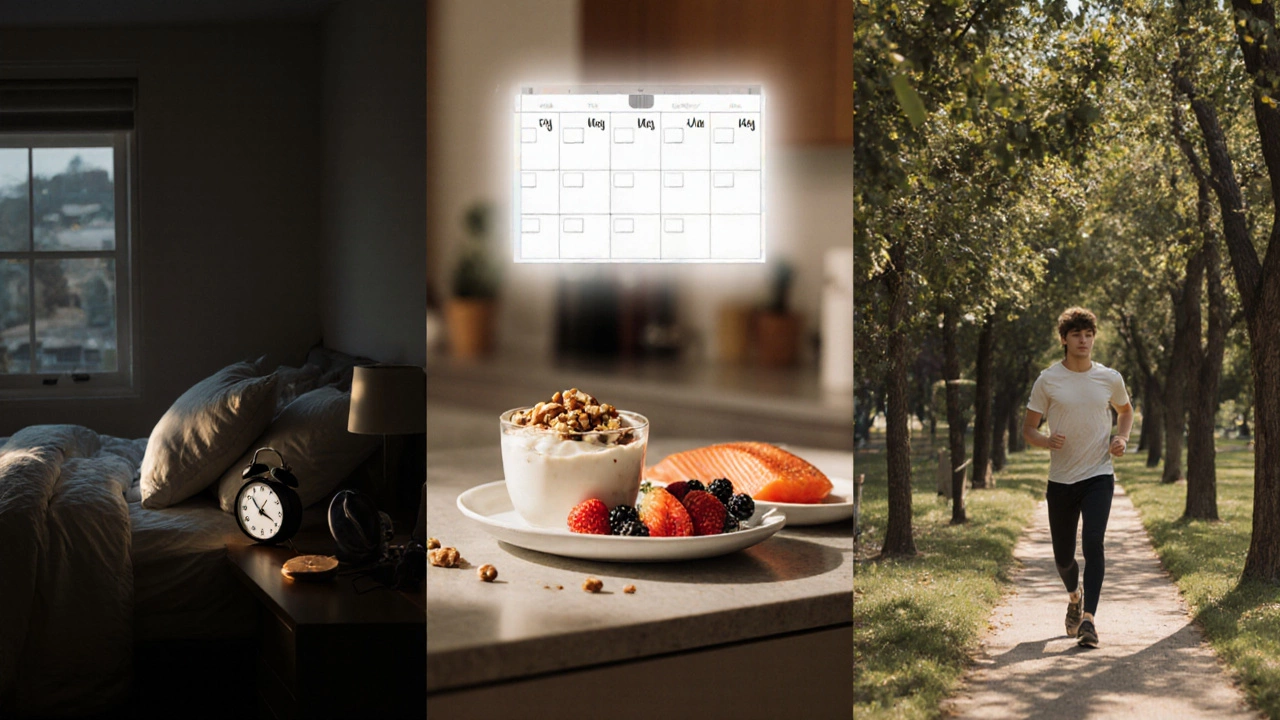 Cozy bedroom, kitchen with nutritious foods, and a park walk illustrating sleep, nutrition, and exercise.