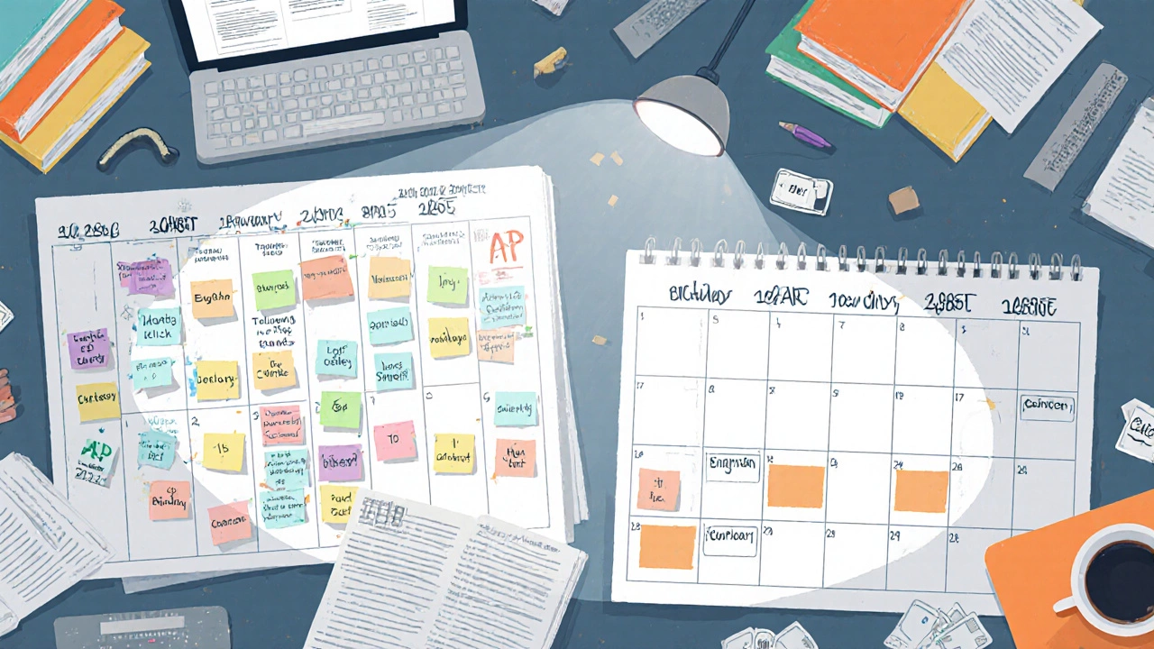 Desk view showing two calendars for GCSE two‑year schedule and AP one‑year timeline with study items.