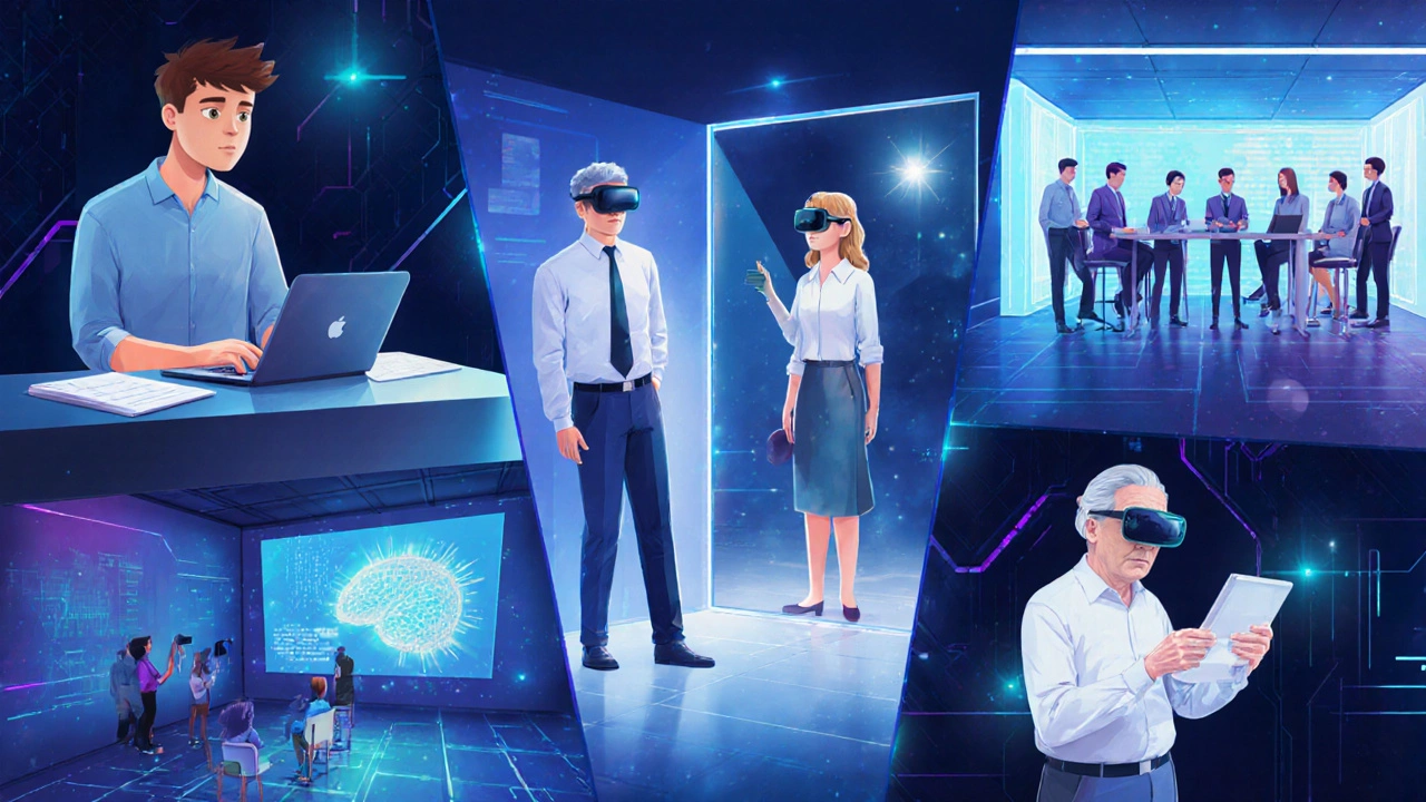 Digital collage illustrating self‑directed, transformative, experiential, and lifelong learning in a modern e‑learning space.