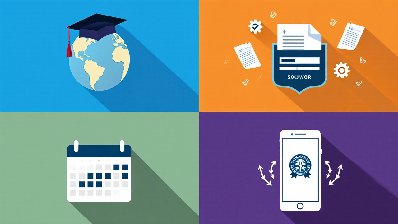 Four illustrated panels each depict a top easy‑online bachelor’s program with unique visual symbols.