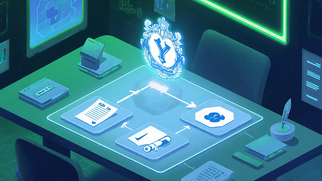 Futuristic holographic decision matrix showing AP, IB, and combined paths toward Yale.
