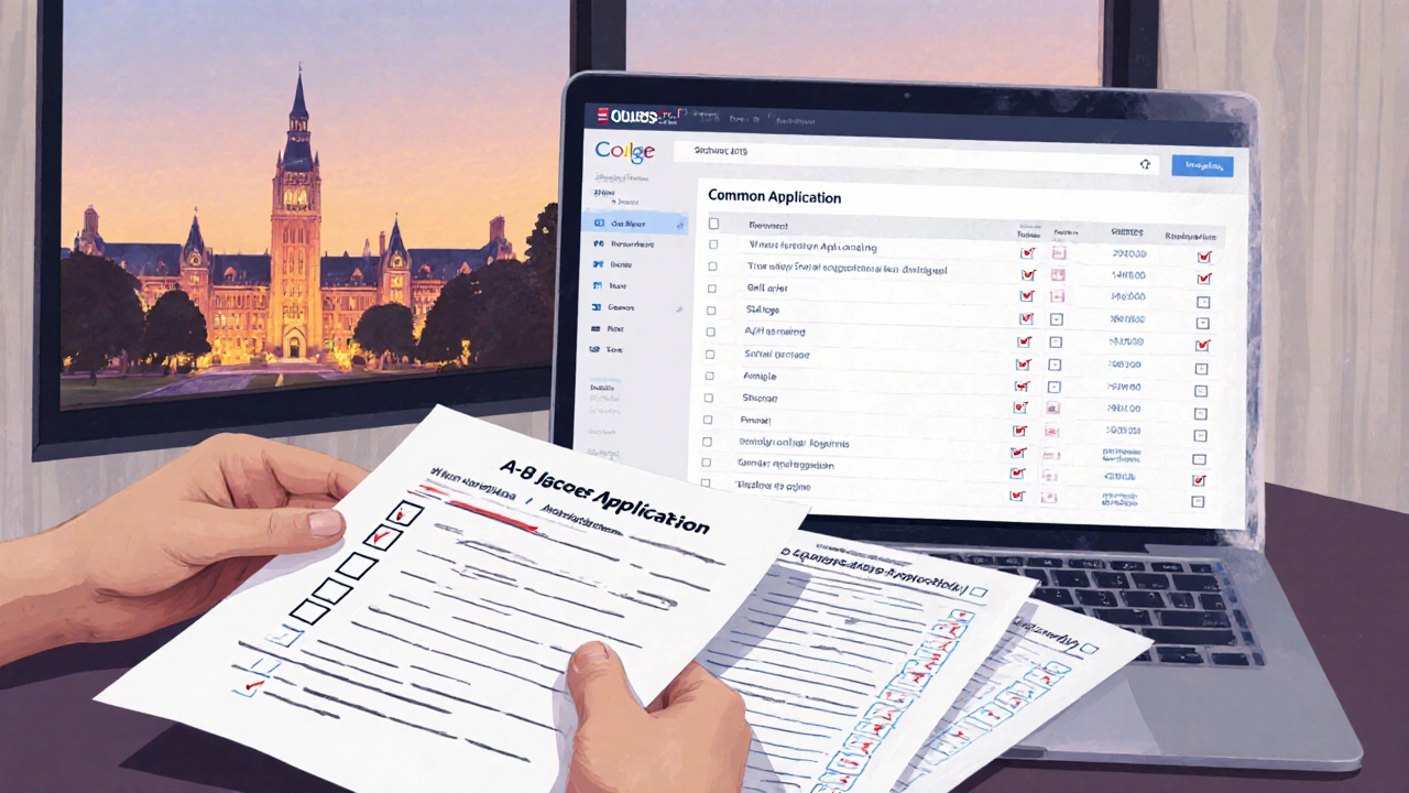 Hand placing transcripts, SAT and AP scores onto a college application checklist.