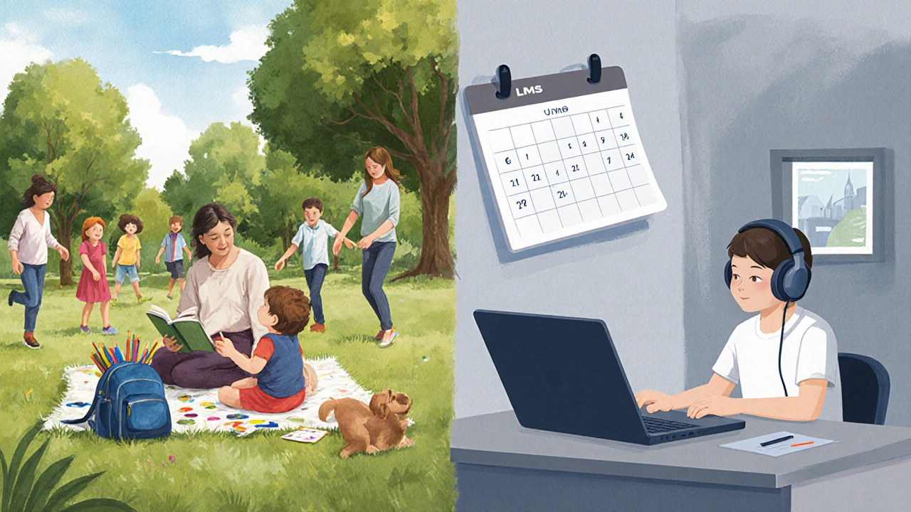 Homeschool family outdoors compared to online school family in study with LMS screen.