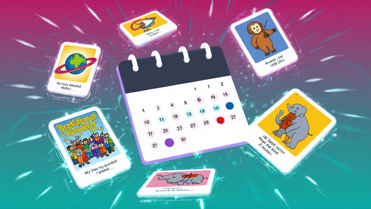 Illustrated calendar with expanding intervals and vivid flashcards showing mnemonic images.