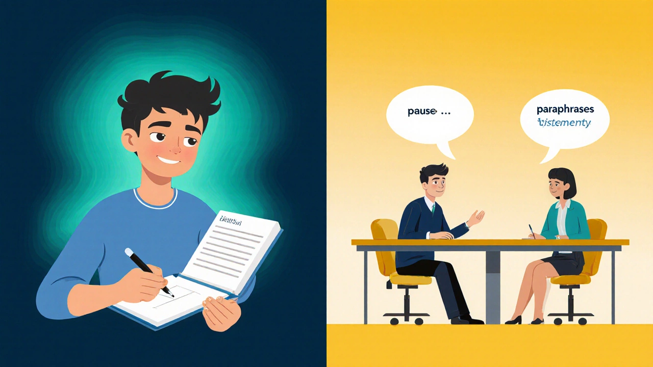 Illustration of a person journaling emotions and using pause‑paraphrase in a meeting.