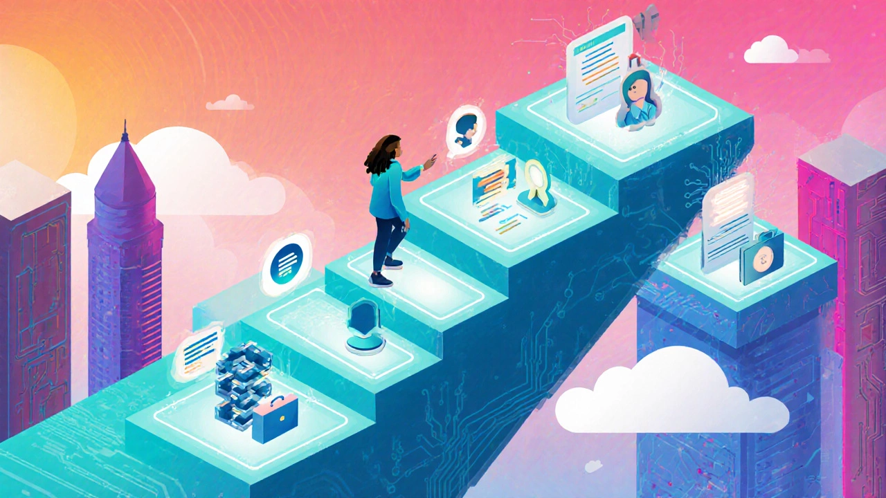 Isometric scene of a person climbing floating platforms representing career steps.