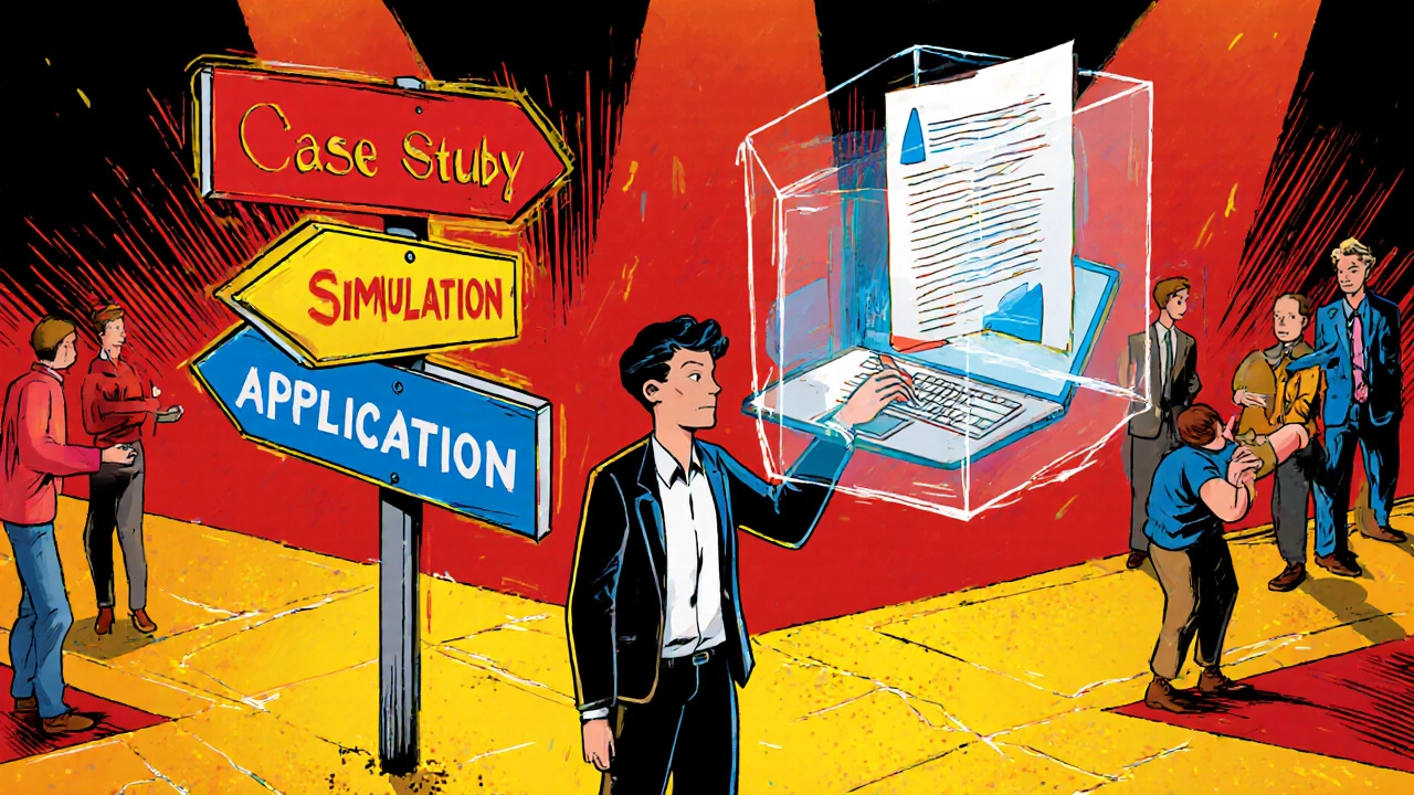 Learner choosing between case study, simulation, and project paths, drafting an ad in a vibrant illustration.