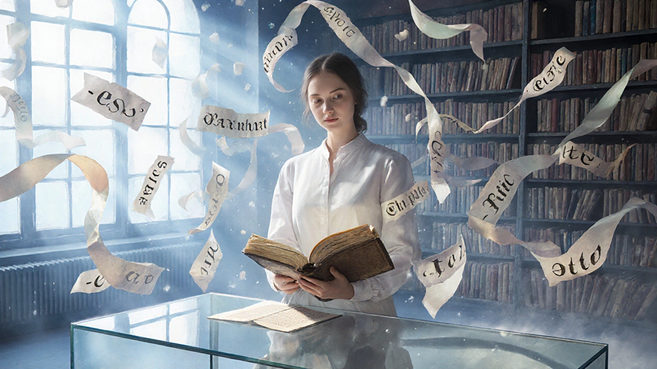 Modern woman surrounded by floating suffix letters in a dreamy library setting.