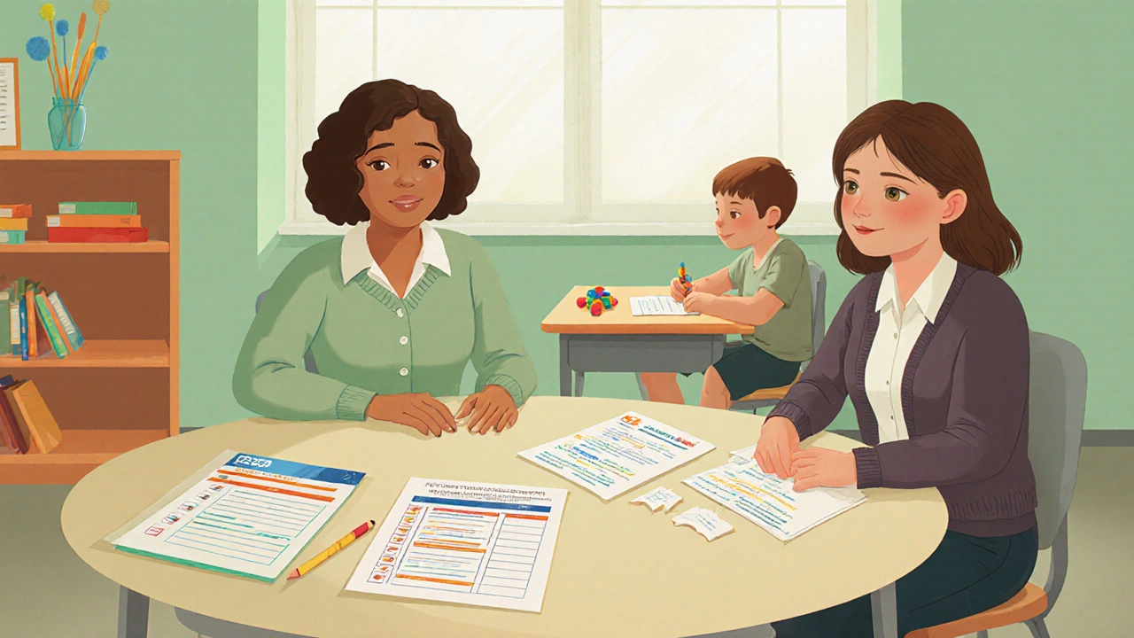 Parent and special‑education coordinator reviewing IEP and 504 forms in a collaborative meeting.
