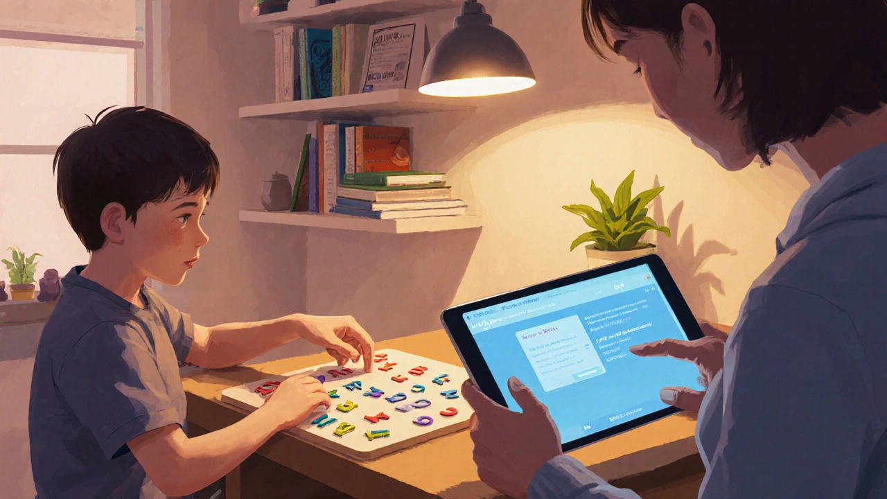 Parent and teen using magnetic letters and a tablet with text‑to‑speech in a warmly lit home.