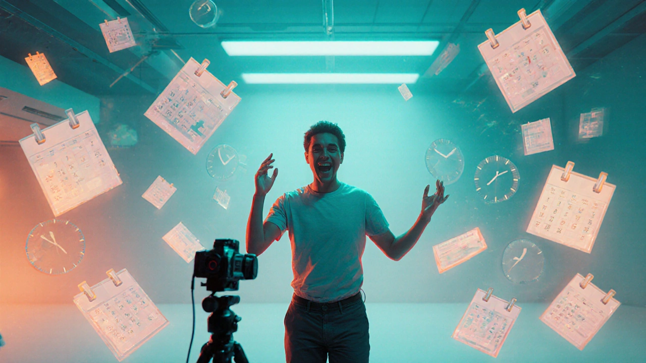 Person recording a teaching session with floating clocks showing spaced‑repetition intervals.