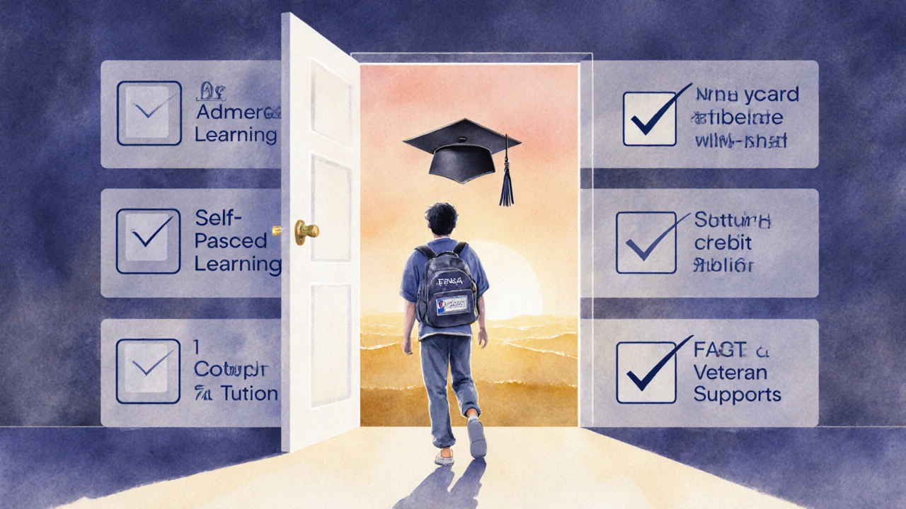 Person walks through a glowing checklist doorway toward a diploma, symbolizing enrollment and graduation.