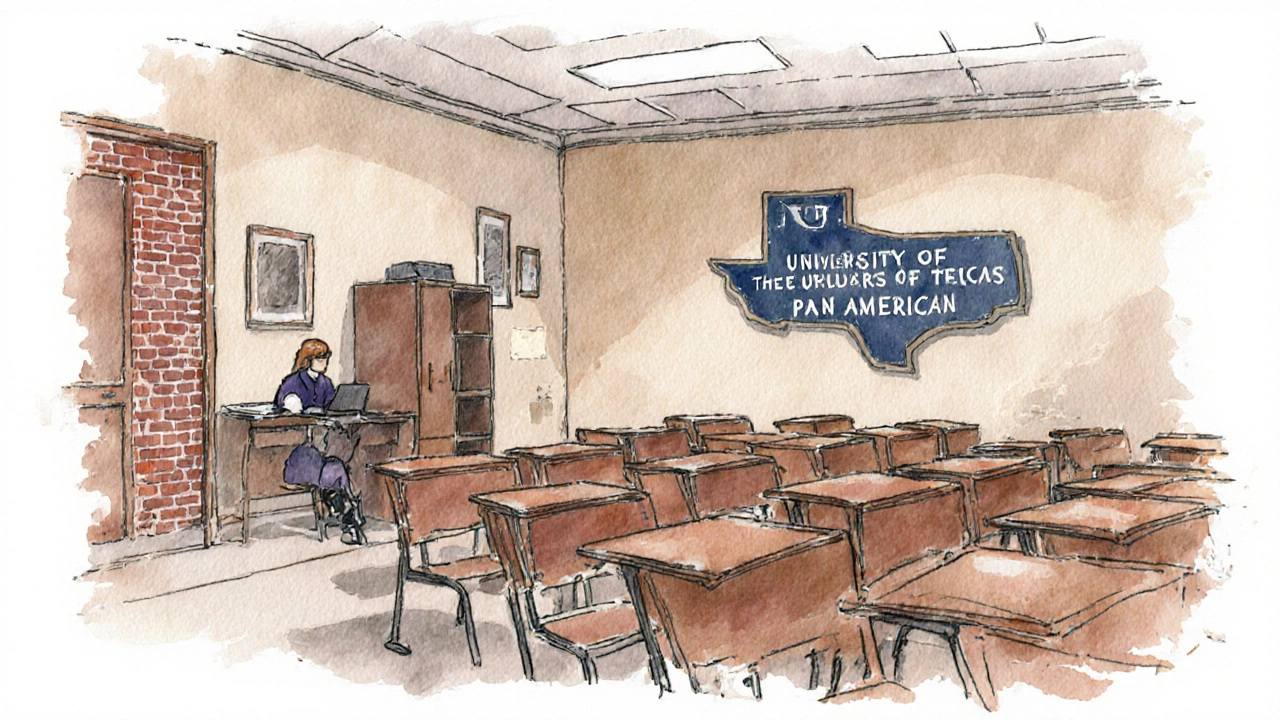 Quiet regional college lecture hall with a lone student under overcast light.