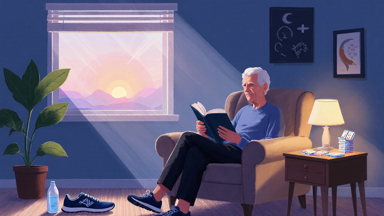 Senior learner in a cozy study surrounded by symbols of exercise, sleep, and spaced repetition.