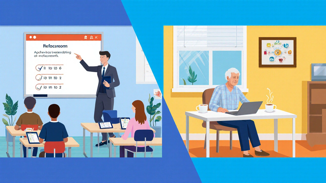 Split-screen showing classroom and home online learning for adults.