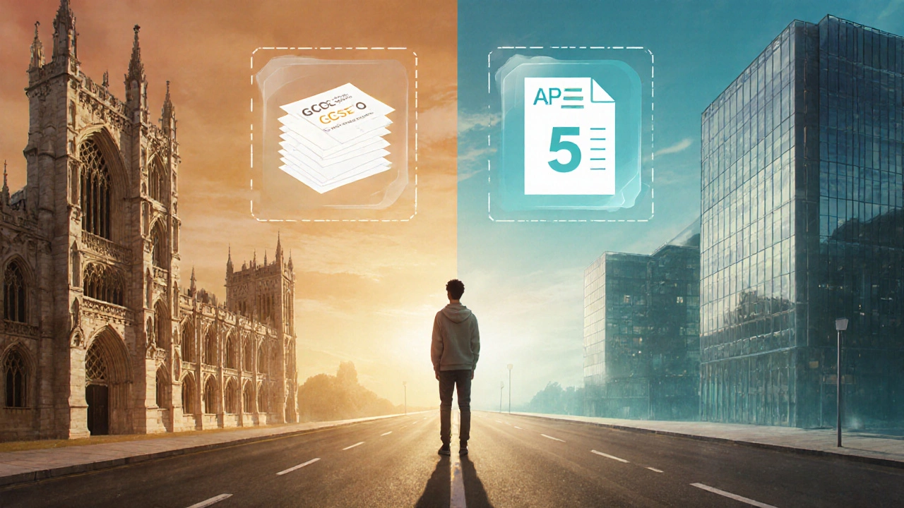 Student at a crossroads choosing between a UK university and a US campus, with GCSE and AP symbols floating.