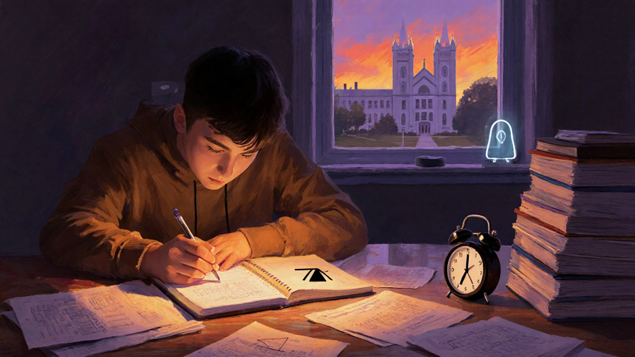 Student studying with exam papers and timer, dreaming of a university campus, indicating effort to raise a grade.
