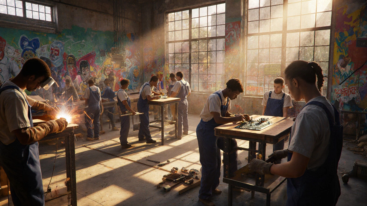 Students in a vocational workshop actively learning hands‑on trades.