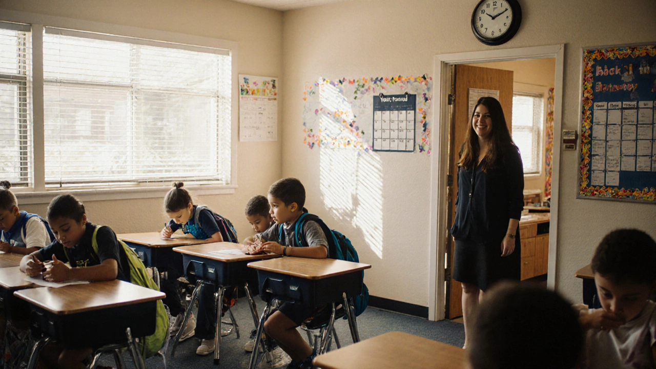 Students settling into class at Pungo Elementary as morning light fills the room.