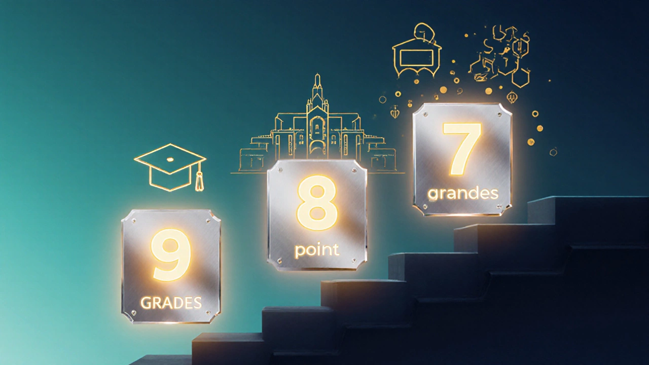Three floating plaques marked 9, 8, 7 with glowing colors, suggesting academic tiers and university symbols.