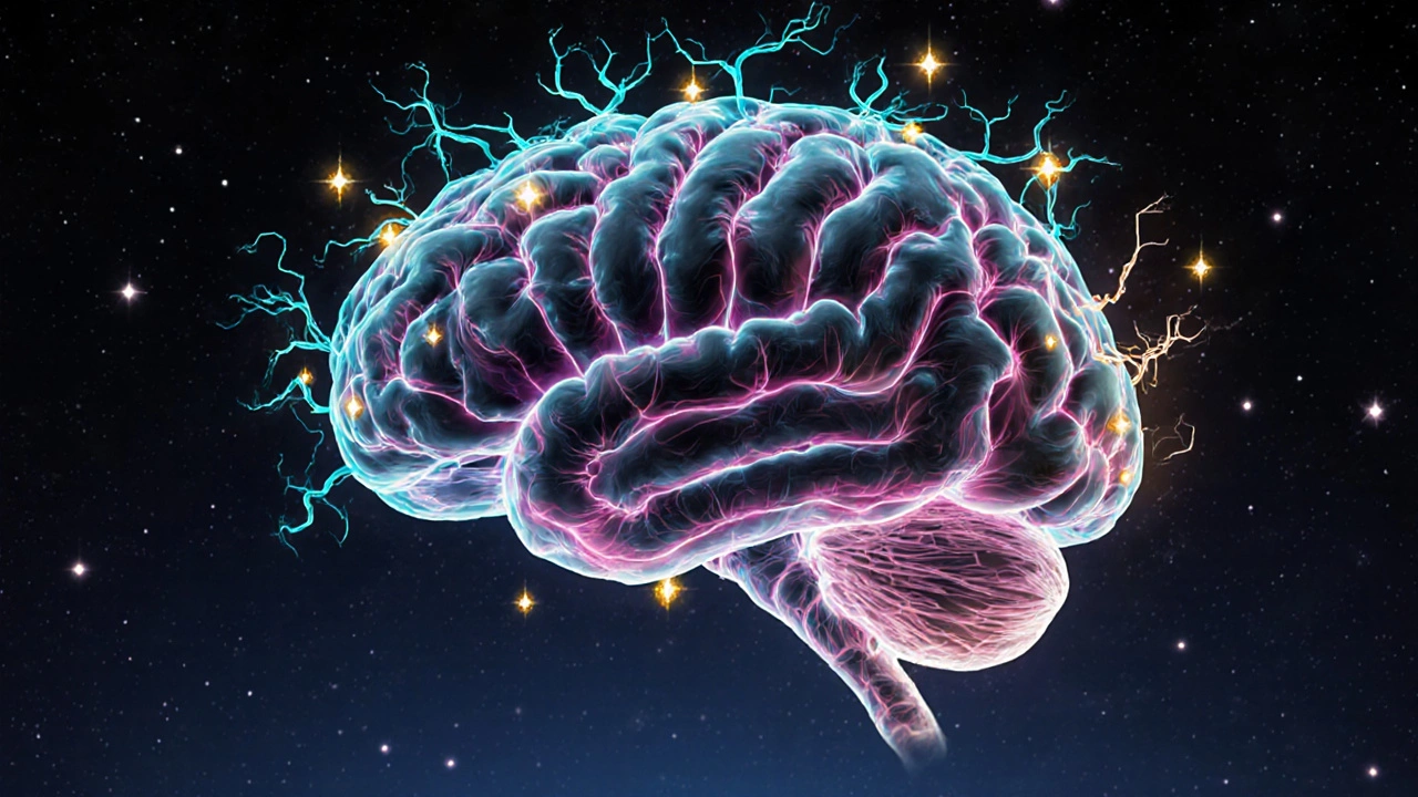 Transparent brain with bright new neural pathways, faded myelin, and glowing dopamine droplets.