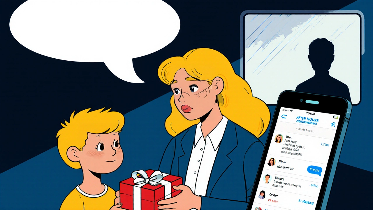 Tutor gives gift and chats off‑topic; phone shows after‑hours messages and parent silhouette.