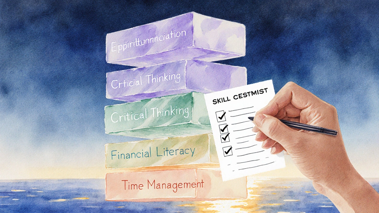 Watercolor of floating skill blocks stacked toward a bright horizon with a checklist.