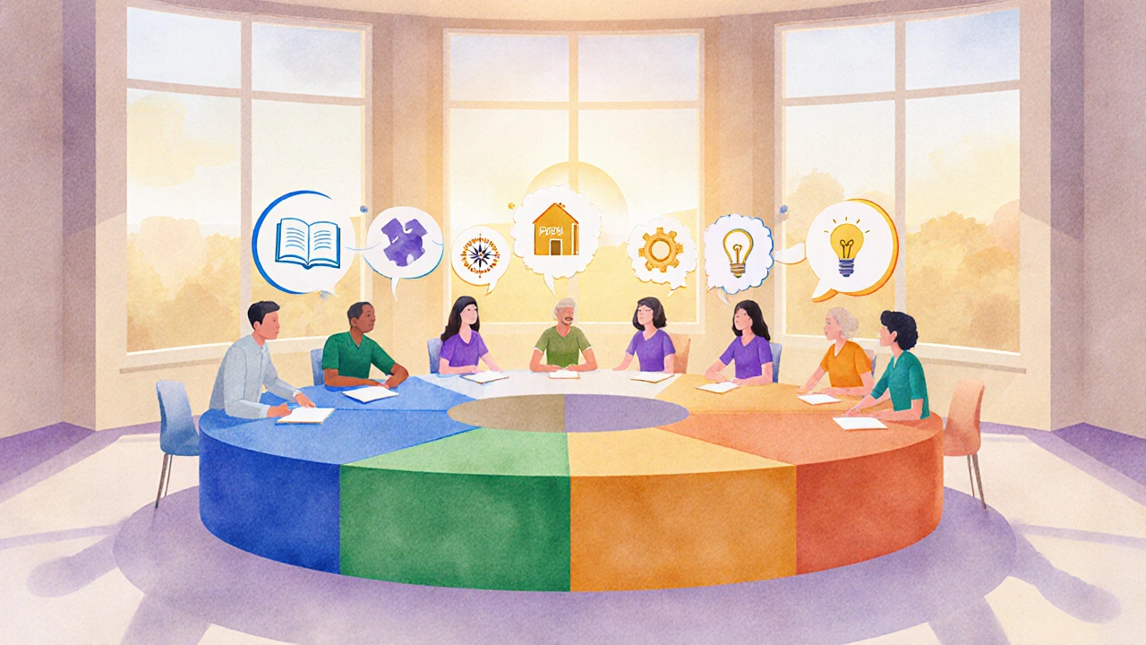 Watercolor scene of adults around a table with visual icons representing self‑concept, experience, readiness, orientation, and motivation.
