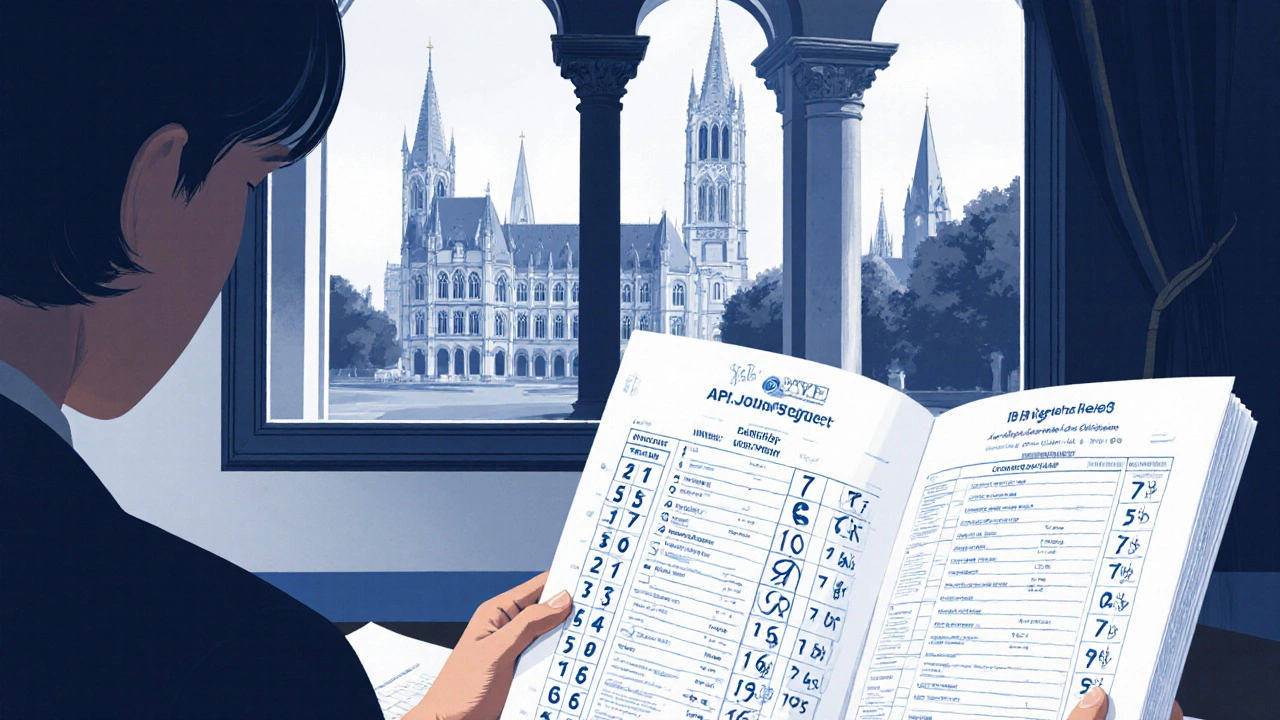 Yale admissions officer reviewing AP score sheet and IB diploma in a classic office.