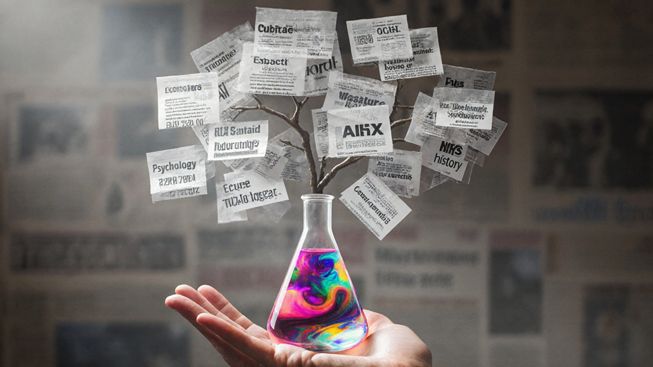 A hand holding a chemistry flask with floating academic subjects and news headlines in background.