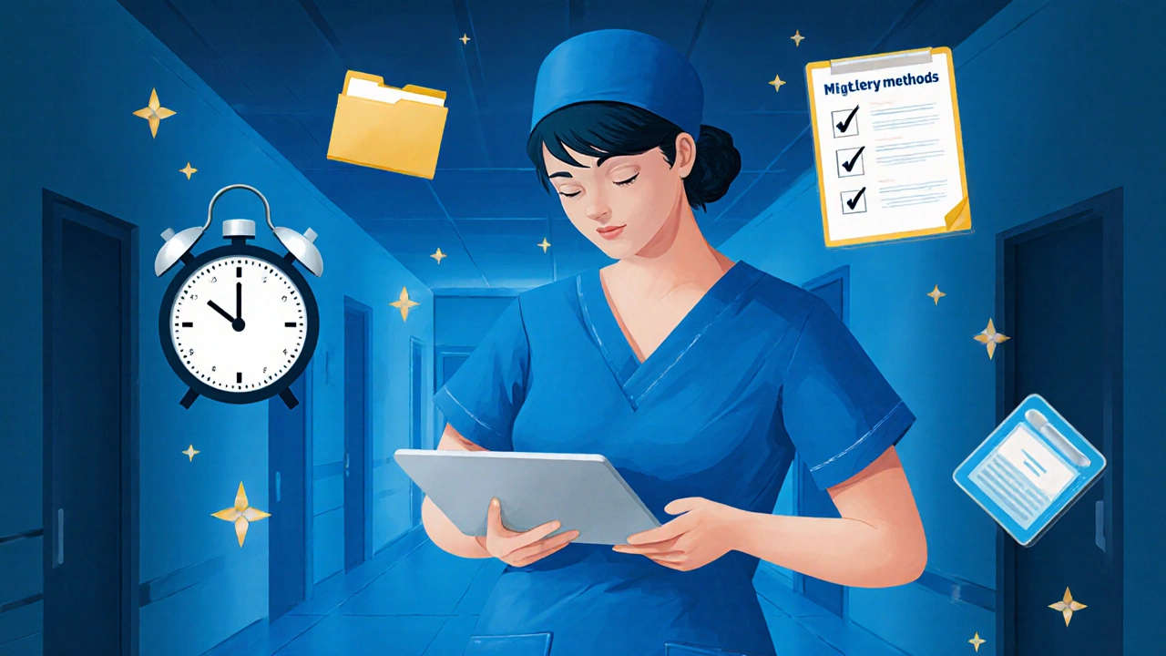 A nurse learning on a tablet during a quiet night shift break.