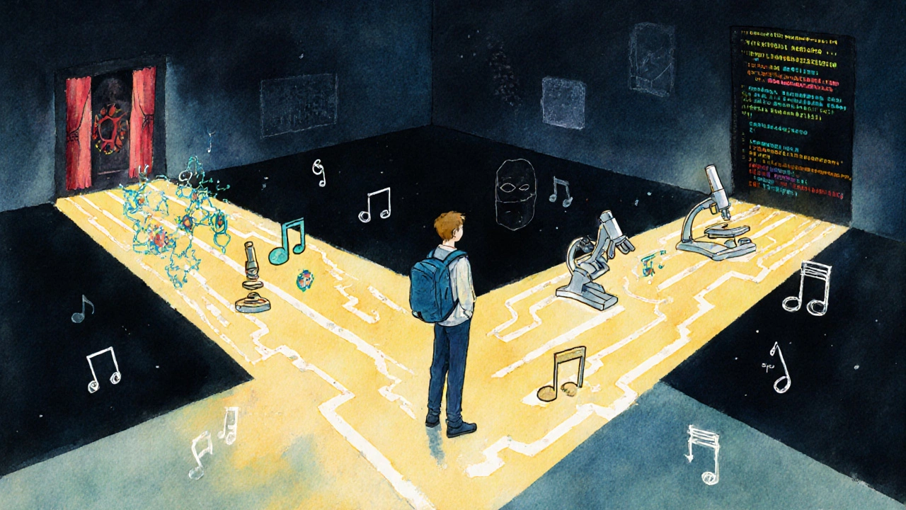 A student at a crossroads with three glowing pathways representing A-level subjects.