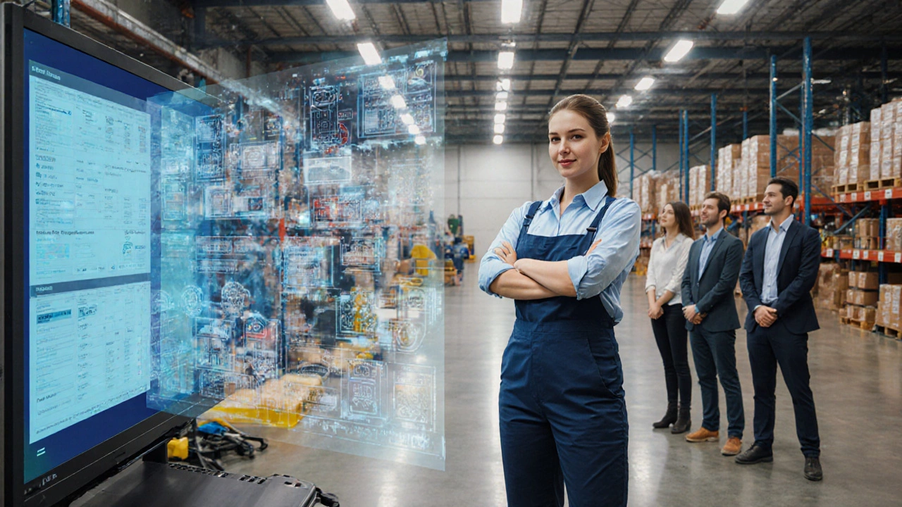 A warehouse supervisor mastering inventory software with her team observing.