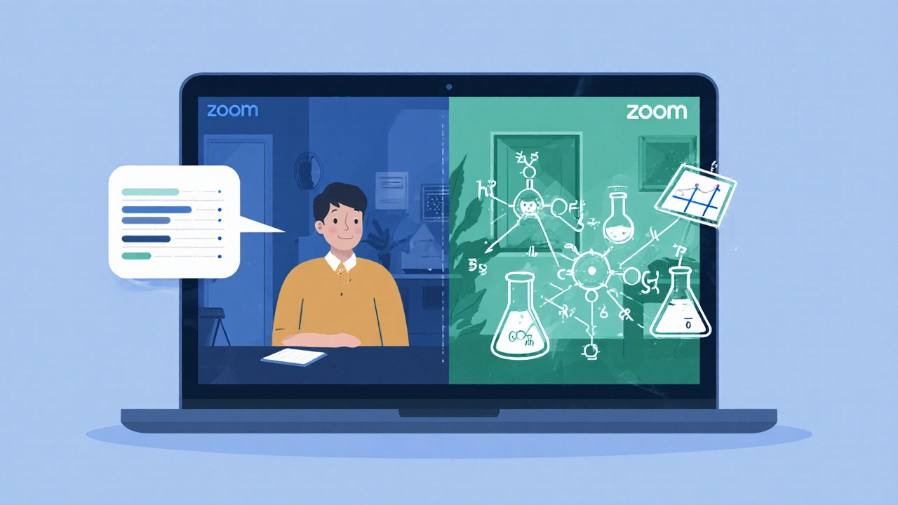 An online tutoring session with floating educational diagrams beside a laptop screen.