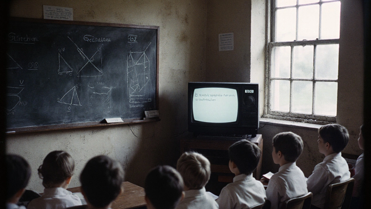 Children in a 1960s British classroom watching an educational TV broadcast.