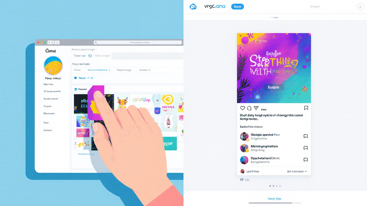 Hand creating a colorful social media design using a drag-and-drop tool.