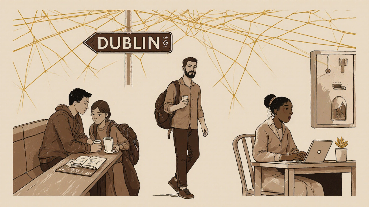 Multiple freelance tutors in various settings connected by a network of golden threads.