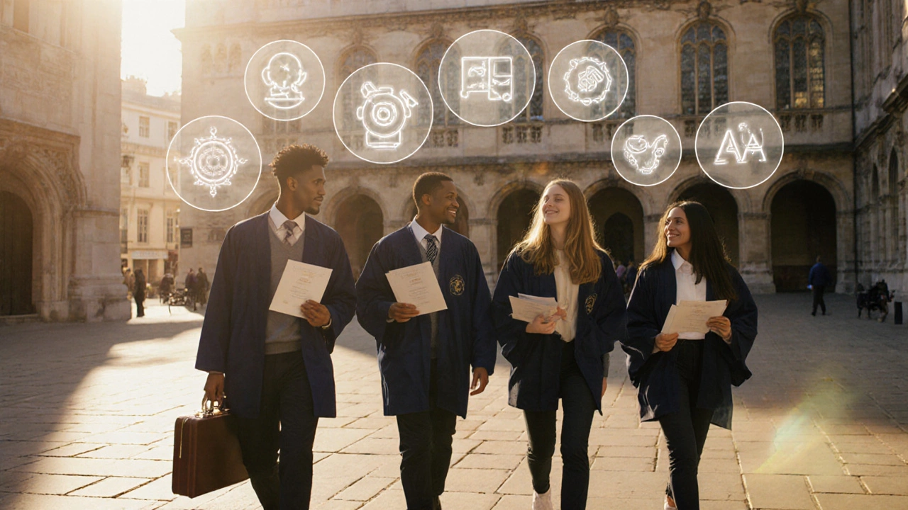 Students walking through a UK university courtyard holding IB and A level certificates