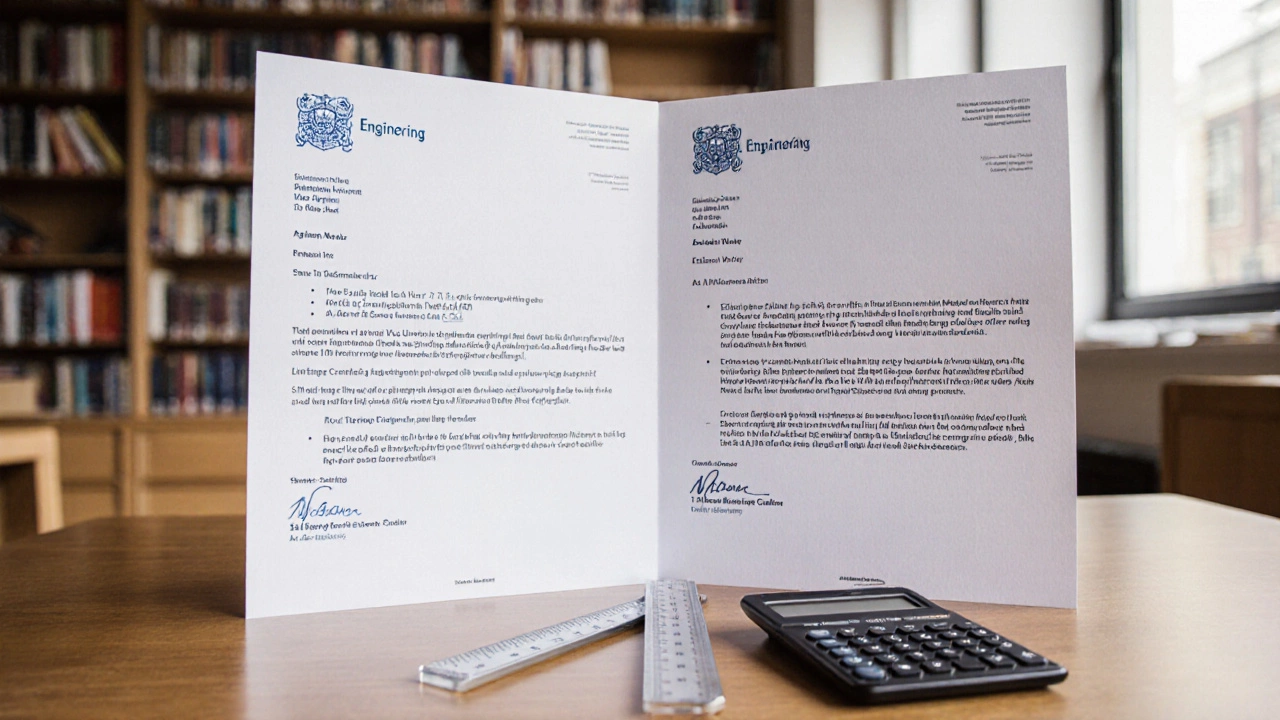Two university offer letters for IB and A levels displayed side by side with identical course requirements