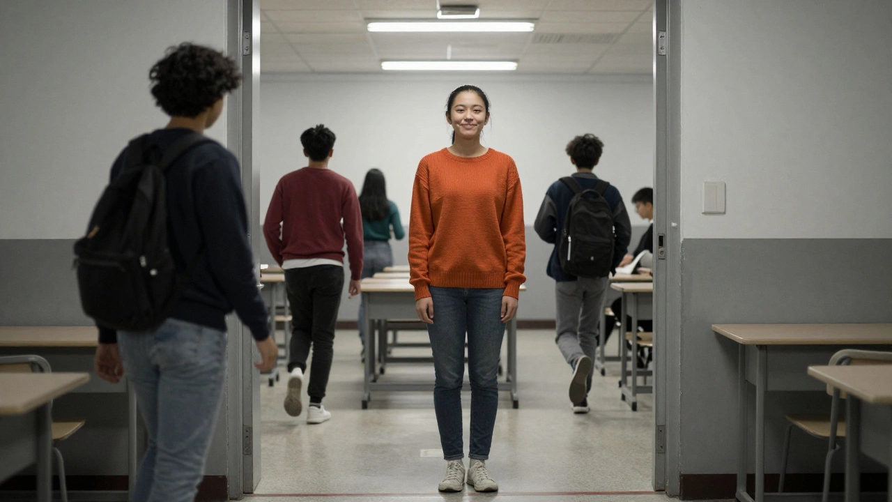 A confident student standing at the entrance of an exam hall, feet grounded, calm amid chaos.