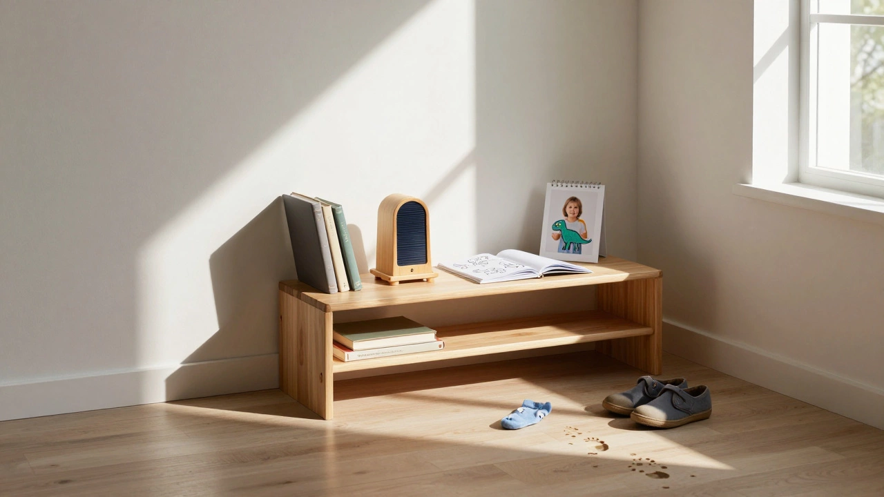 A cozy homeschool corner with books, a solar oven, and a child&#039;s drawing on a wooden shelf.