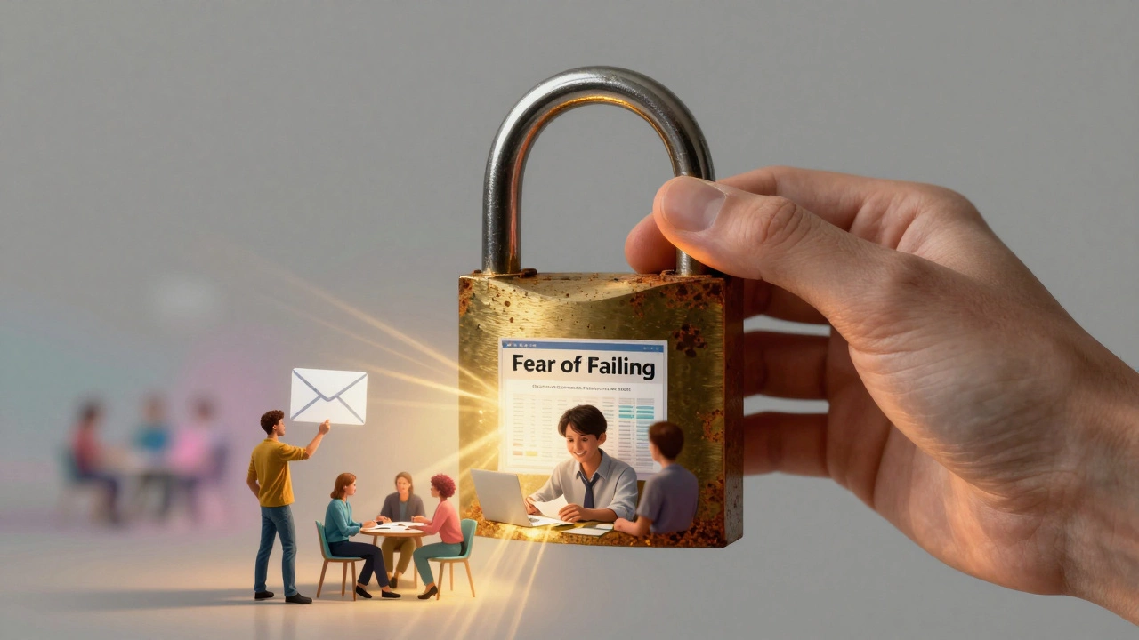 A hand unlocking a padlock labeled &#039;Fear of Failing&#039;, releasing light with scenes of learning success.