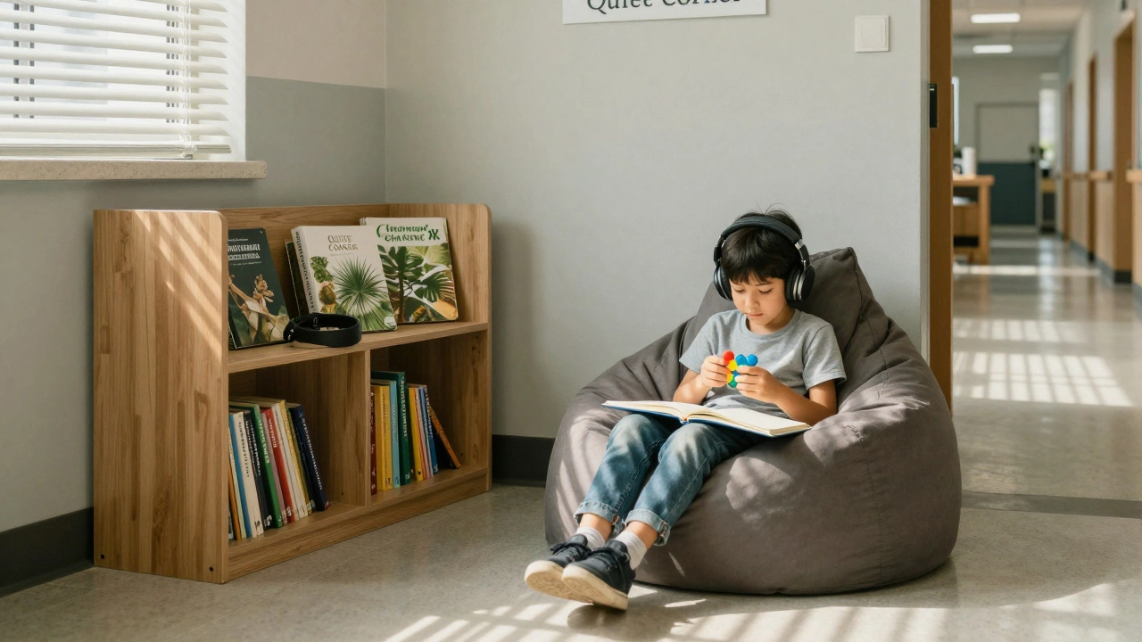 A peaceful quiet corner in a school with a beanbag, headphones, and books, offering a calm space for a child to recharge.